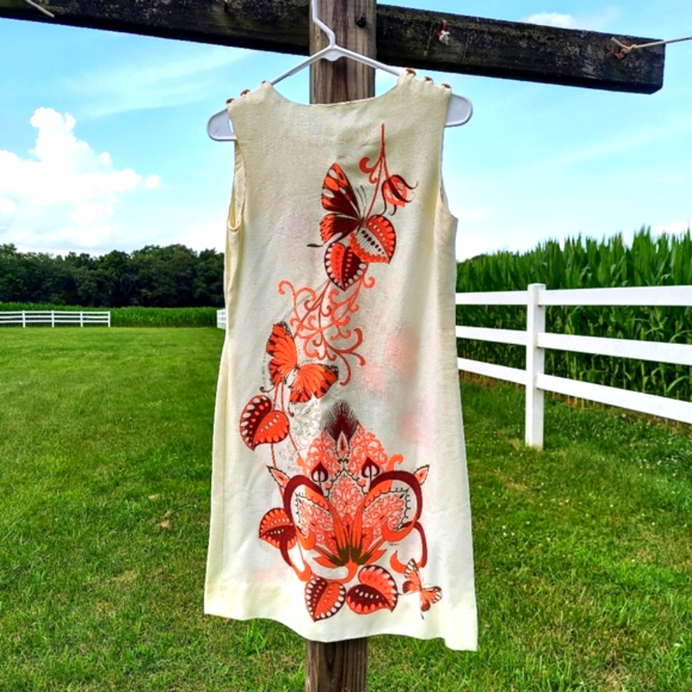 Vintage 60s 70s Sheath Dress VTG Sheehan Neon Psychedelic Butterfly signed hand